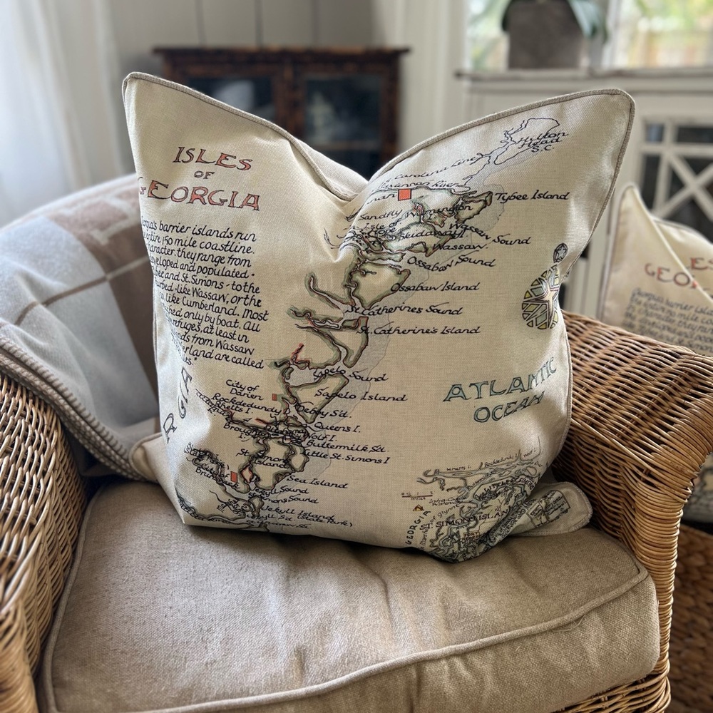 20” Linen Pillow, Hand Drawn Map of the Georgia Coast. Cording, Down insert